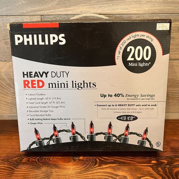 Philips Heavy Duty Red Lights 200 Mini Lights Green Wire Christmas Holiday Patio - Picture 1 of 3